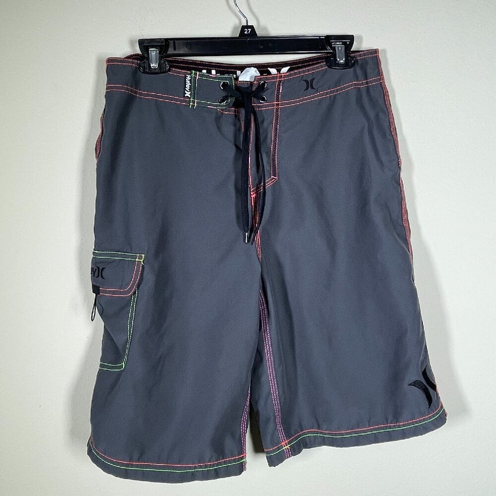 Hurley Men's Gray Colorful Stitching Beach Board Shorts Surf Summer Medium!